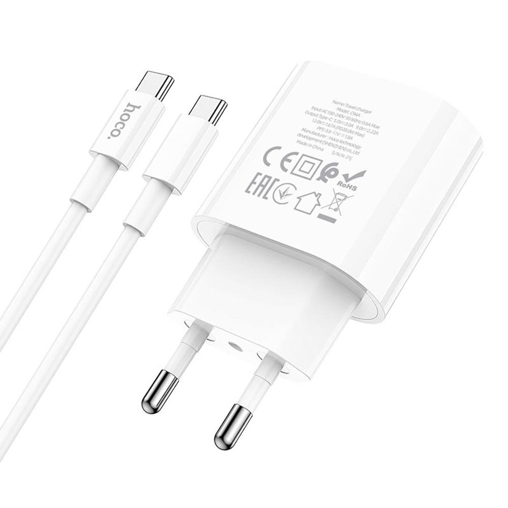 Сетевое зарядное устройство Hoco C94A Type-C PD 20W белое + кабель Type-C to Type-C