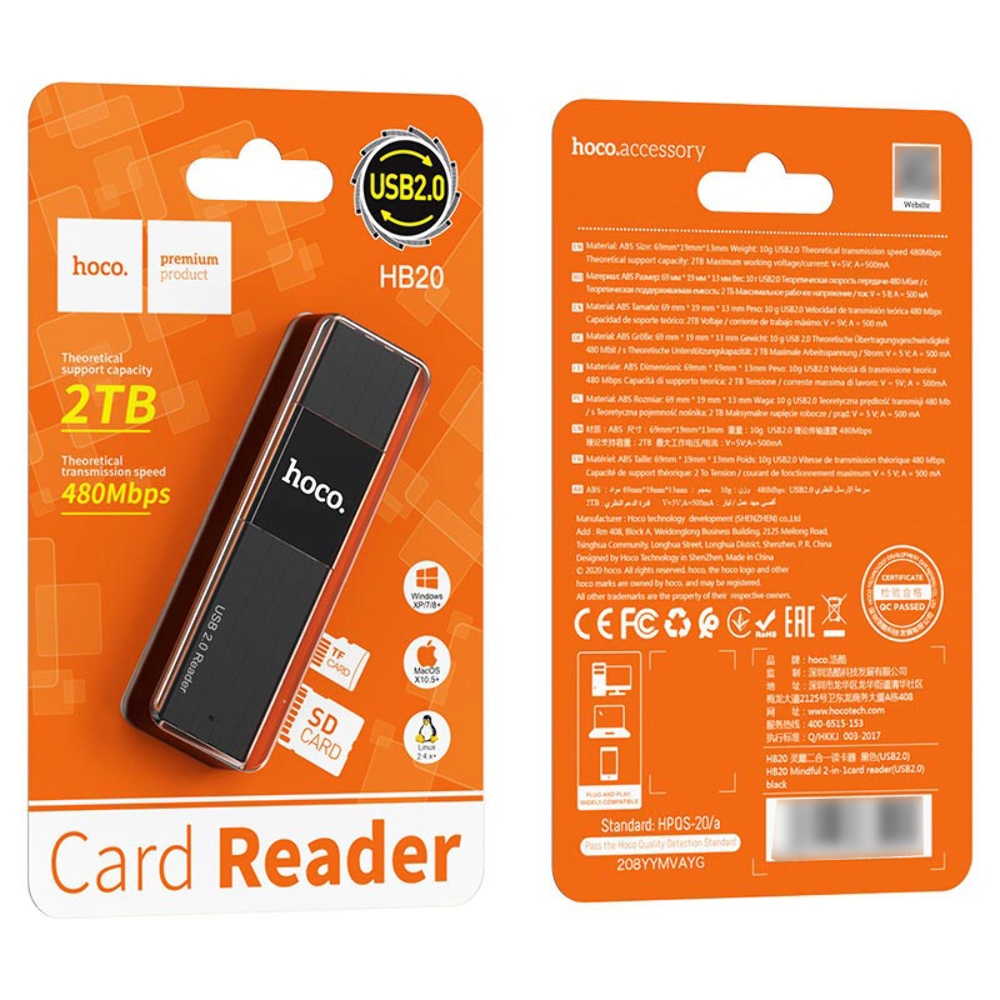 Адаптер переходник Hoco HB20 USB 2.0 to SD/ TF черный