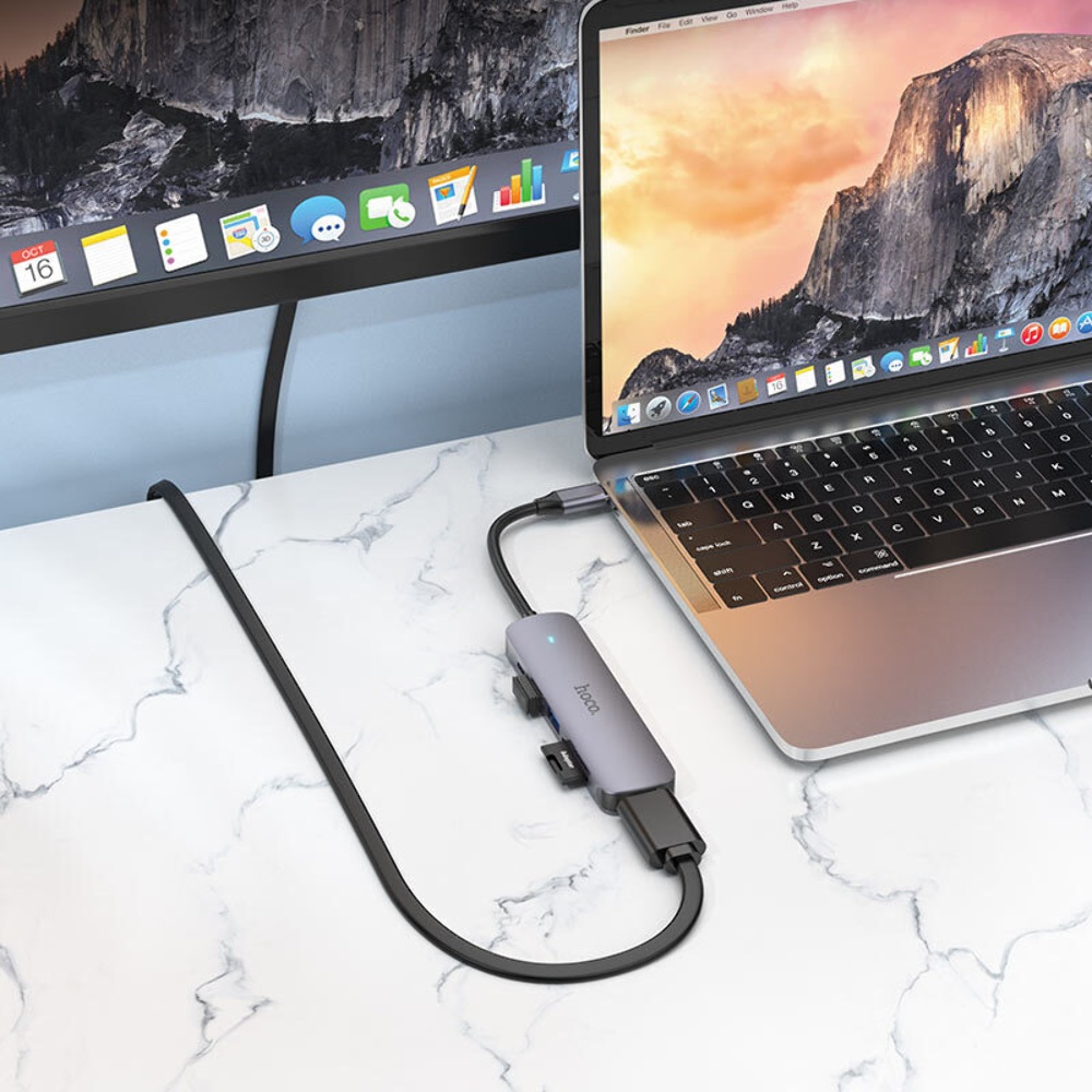 Мультиадаптер хаб Hoco HB28 6в1 Type-C to USB 3.0 (F)/ USB 2.0 (F)/ HDMI (F)/ Type-C (F)/ SD/ TF PD 60W 0.135m metal gray