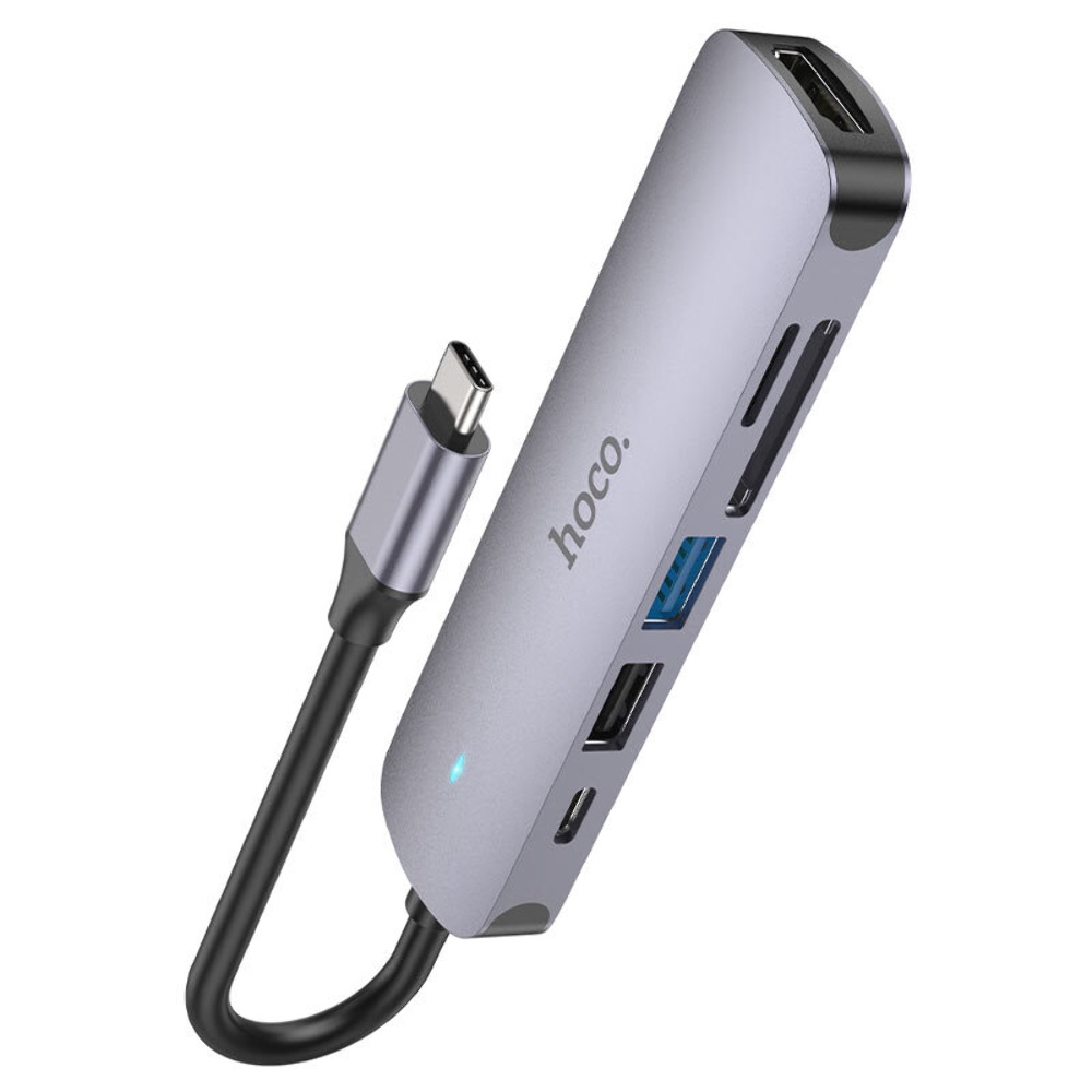Мультиадаптер хаб Hoco HB28 6в1 Type-C to USB 3.0 (F)/ USB 2.0 (F)/ HDMI (F)/ Type-C (F)/ SD/ TF PD 60W 0.135m metal gray