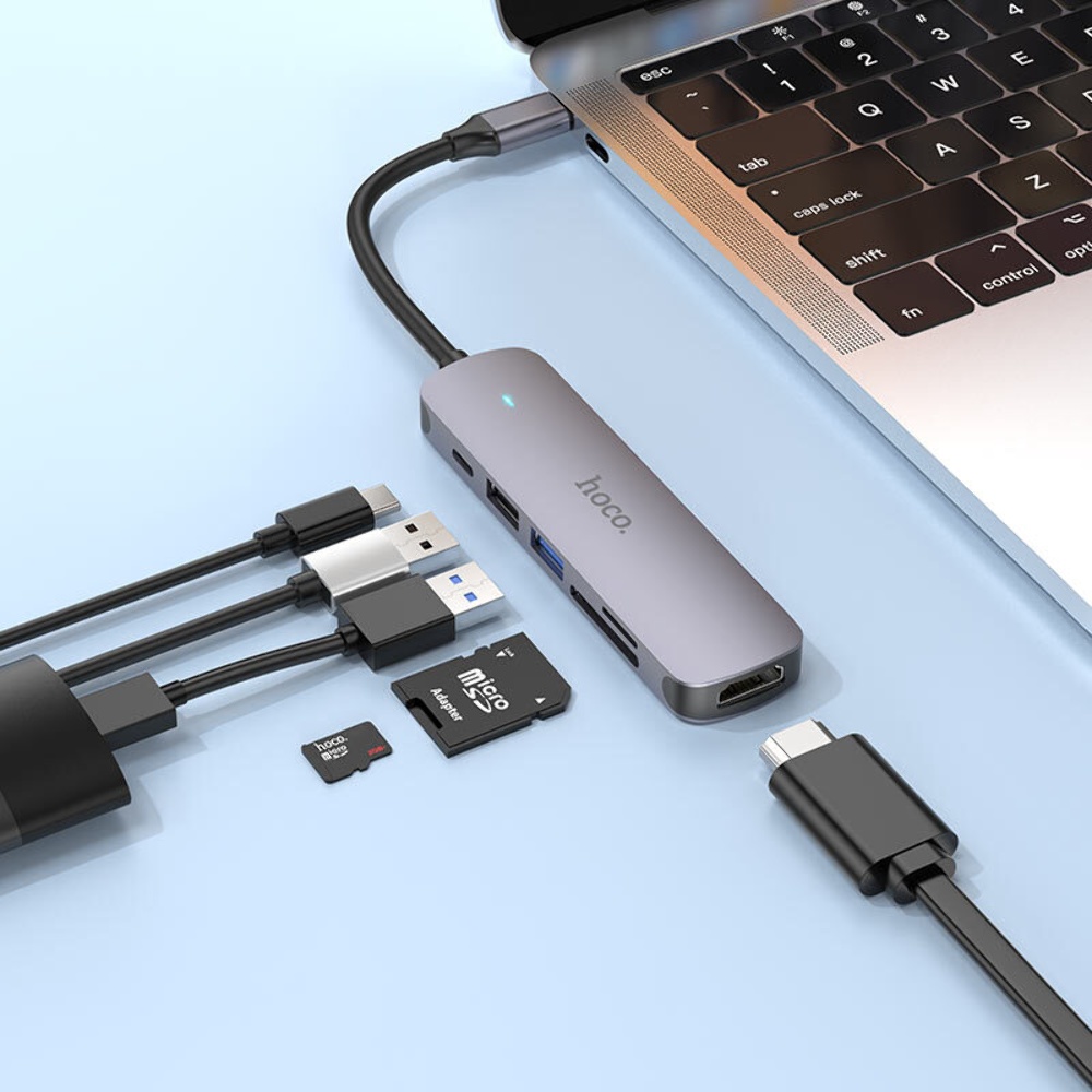 Мультиадаптер хаб Hoco HB28 6в1 Type-C to USB 3.0 (F)/ USB 2.0 (F)/ HDMI (F)/ Type-C (F)/ SD/ TF PD 60W 0.135m metal gray