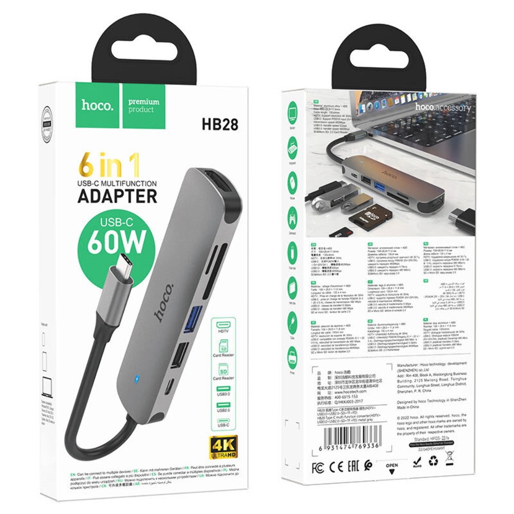 Мультиадаптер хаб Hoco HB28 6в1 Type-C to USB 3.0 (F)/ USB 2.0 (F)/ HDMI (F)/ Type-C (F)/ SD/ TF PD 60W 0.135m metal gray