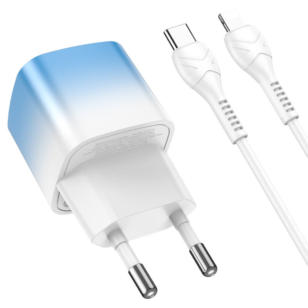Сетевое зарядное устройство Hoco C101A Type-C PD синее + кабель Type-C to Lightning
