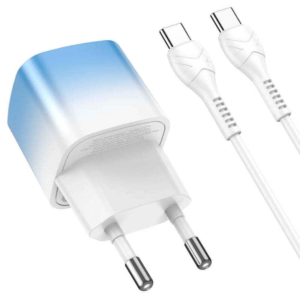 Сетевое зарядное устройство Hoco C101A Type-C PD 20W синее + кабель Type-C to Type-C