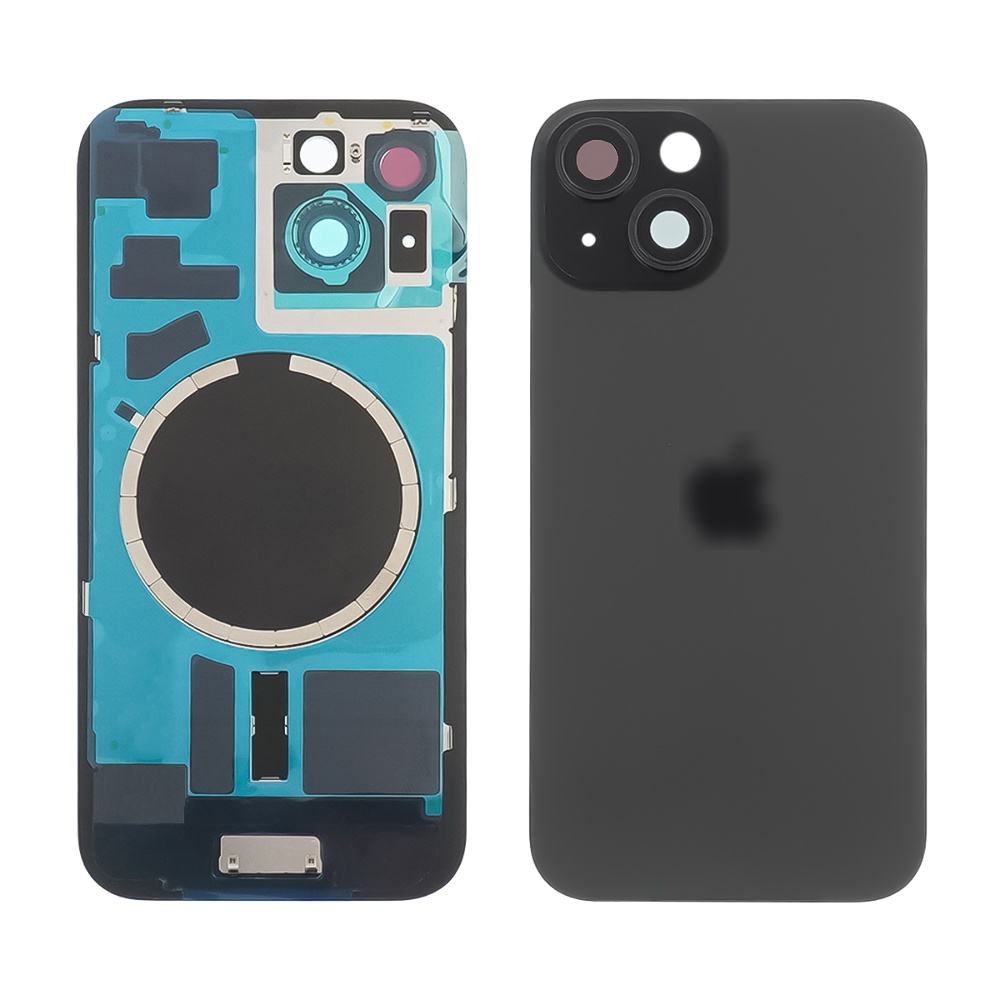 Заднее стекло корпуса для Apple iPhone 15 Black (чёрное) с рамкой и стеклом камеры