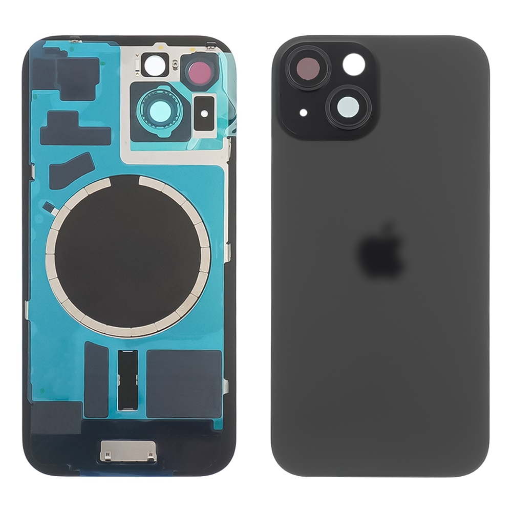 Заднее стекло корпуса для Apple iPhone 15 Plus Black (чёрное) с рамкой и стеклом камеры