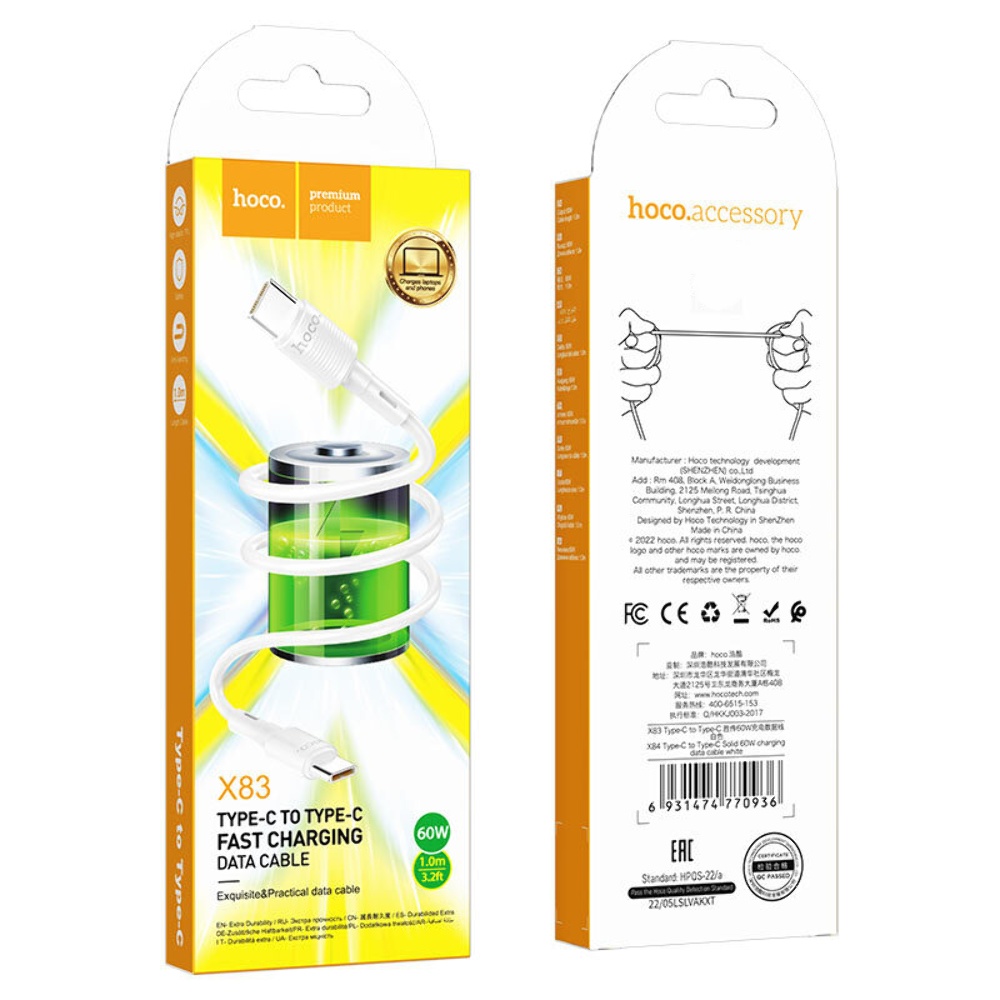 Кабель Hoco X83 Type-C to Type-C PD 60W 1m white