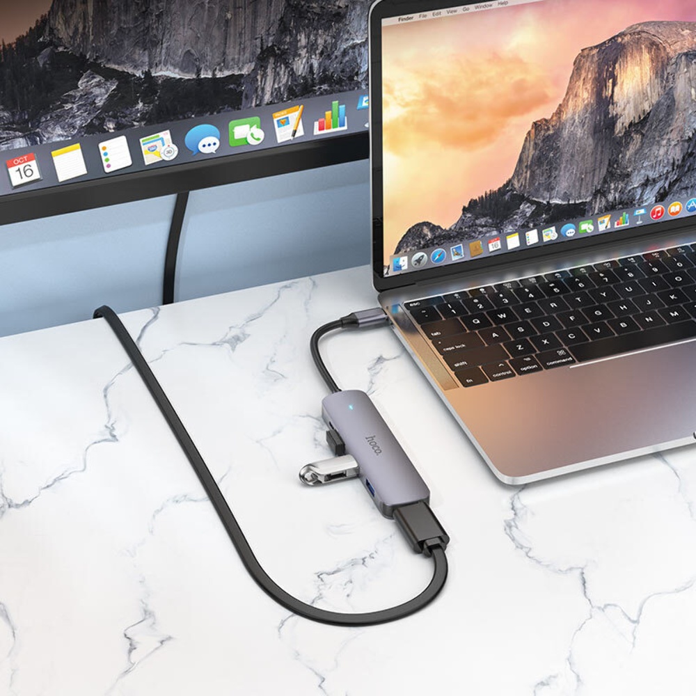 Мультиадаптер хаб Hoco HB27 5в1 Type-C to USB 3.0 (F)/ 2 USB 2.0 (F)/ HDMI (F)/ Type-C (F) PD 60W 0.135m черно-серый