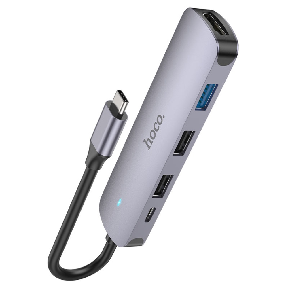 Мультиадаптер хаб Hoco HB27 5в1 Type-C to USB 3.0 (F)/ 2 USB 2.0 (F)/ HDMI (F)/ Type-C (F) PD 60W 0.135m черно-серый