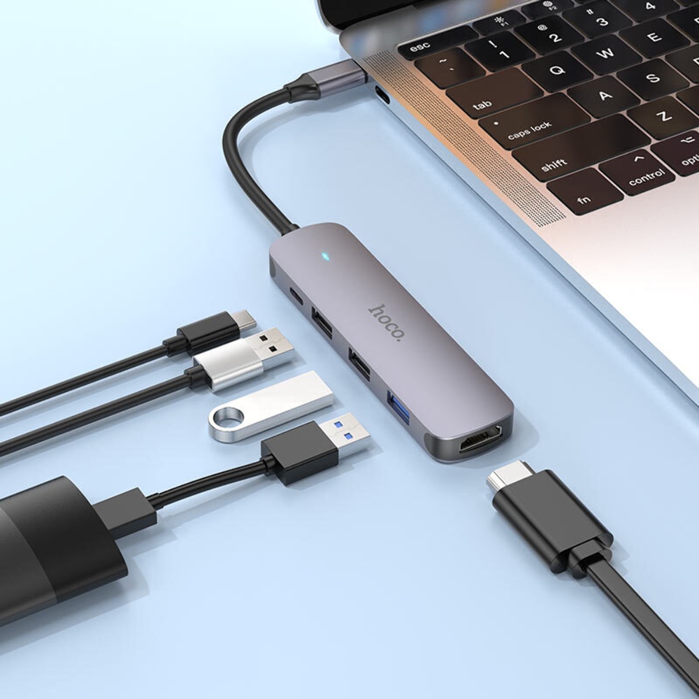 Мультиадаптер хаб Hoco HB27 5в1 Type-C to USB 3.0 (F)/ 2 USB 2.0 (F)/ HDMI (F)/ Type-C (F) PD 60W 0.135m черно-серый
