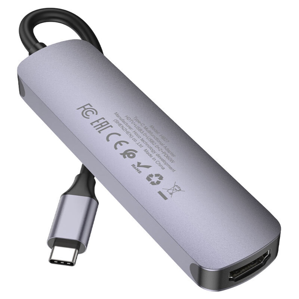 Мультиадаптер хаб Hoco HB27 5в1 Type-C to USB 3.0 (F)/ 2 USB 2.0 (F)/ HDMI (F)/ Type-C (F) PD 60W 0.135m черно-серый