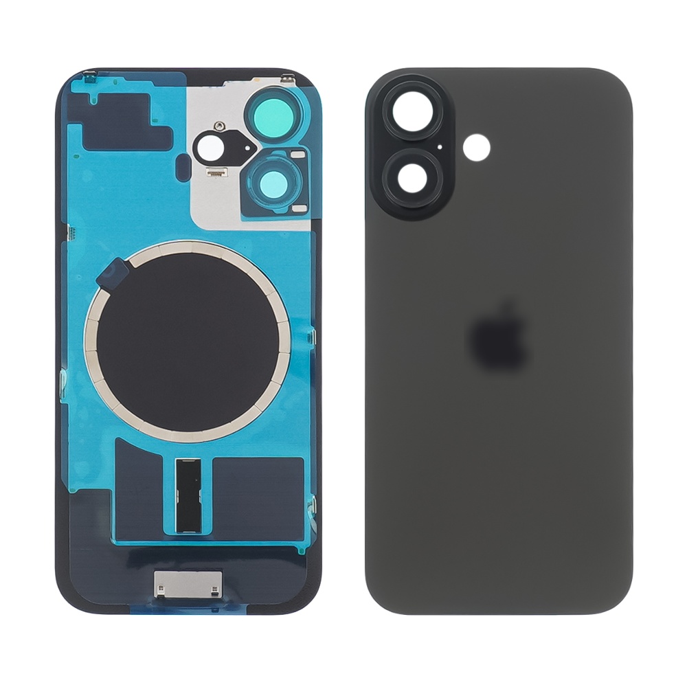 Заднее стекло корпуса для Apple iPhone 16 Black (чёрное) с рамкой и стеклом камеры