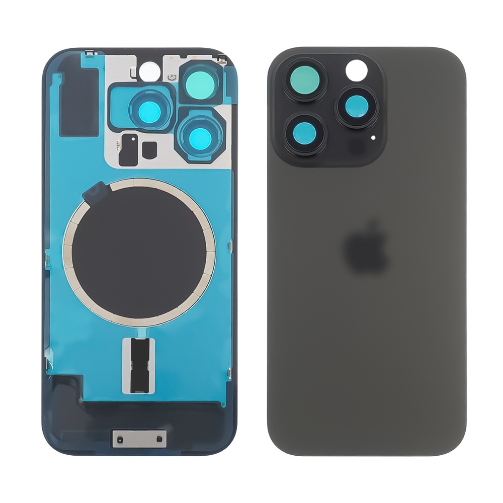Заднее стекло корпуса для Apple iPhone 16 Pro Max Black Titanium (чёрное) с рамкой и стеклом камеры