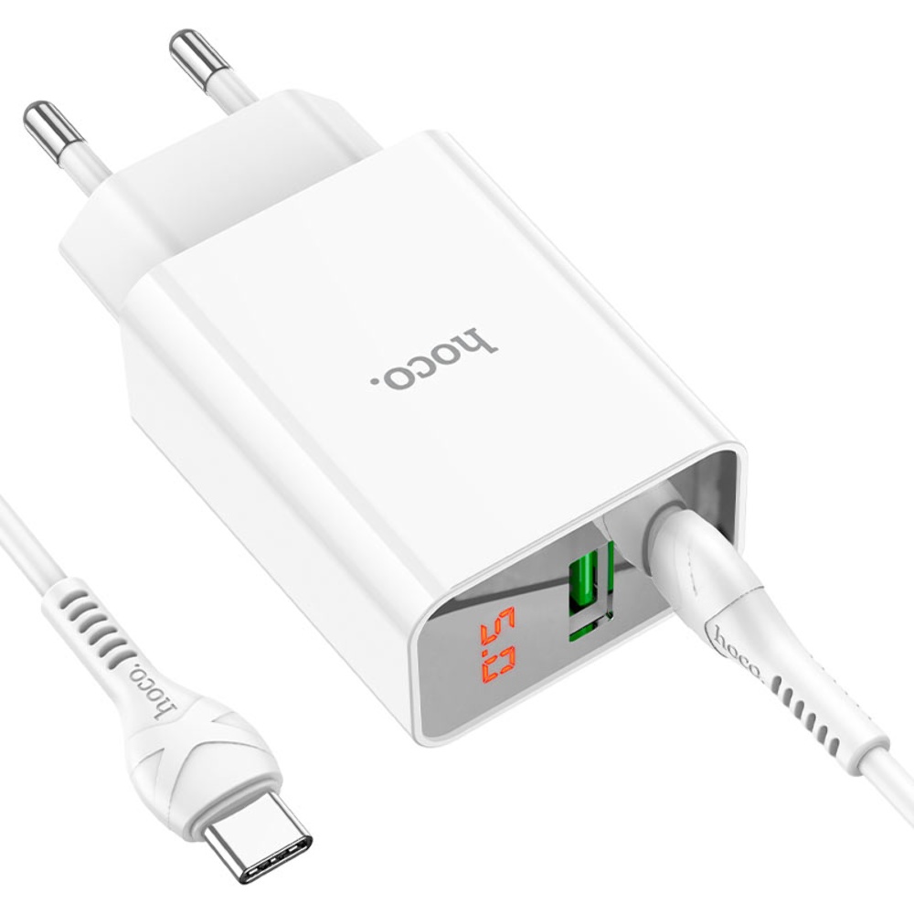 Сетевое зарядное устройство Hoco C100A USB/ Type-C QC PD 20W с дисплеем белое + кабель Type-C to Type-C
