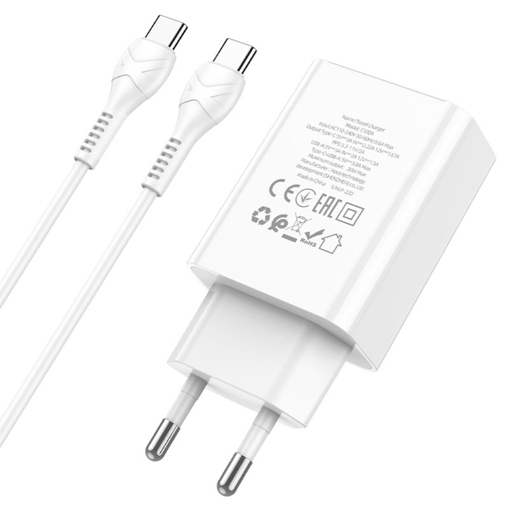 Сетевое зарядное устройство Hoco C100A USB/ Type-C QC PD 20W с дисплеем белое + кабель Type-C to Type-C