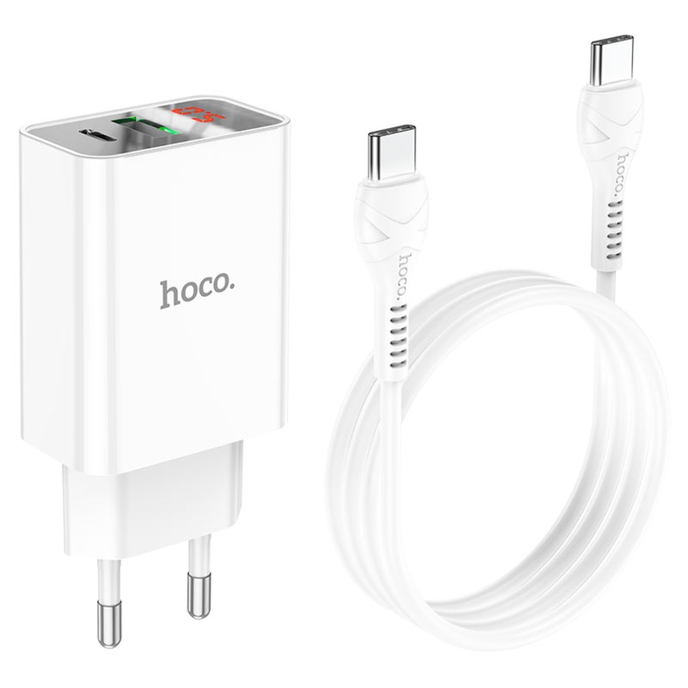 Сетевое зарядное устройство Hoco C100A USB/ Type-C QC PD 20W с дисплеем белое + кабель Type-C to Type-C
