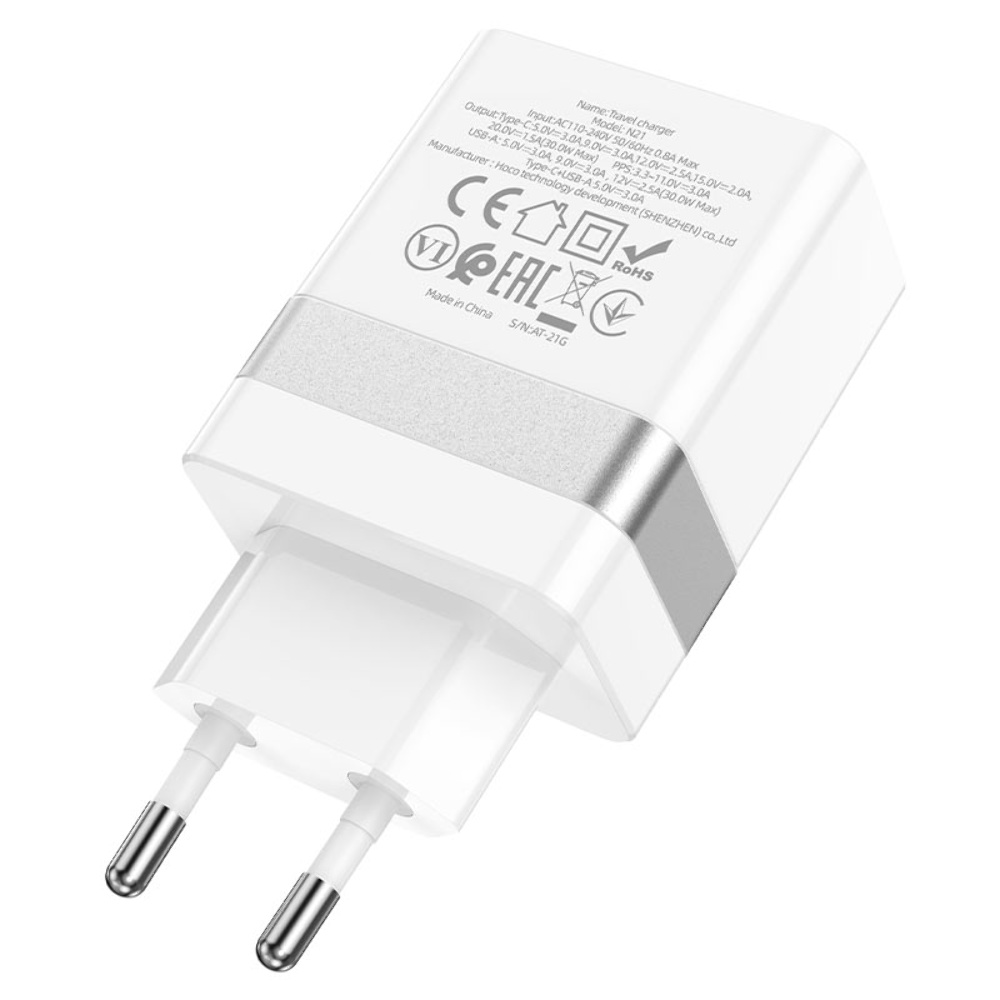 Сетевое зарядное устройство Hoco N21 USB/ Type-C QC PD 30W белое
