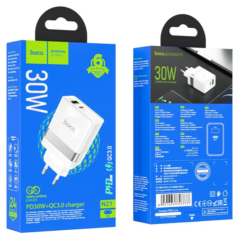 Сетевое зарядное устройство Hoco N21 USB/ Type-C QC PD 30W белое