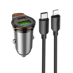 Автомобильное зарядное устройство Hoco NZ16A USB/ Type-C 43W PD QC 25W metal grey + кабель Type-C to Lightning