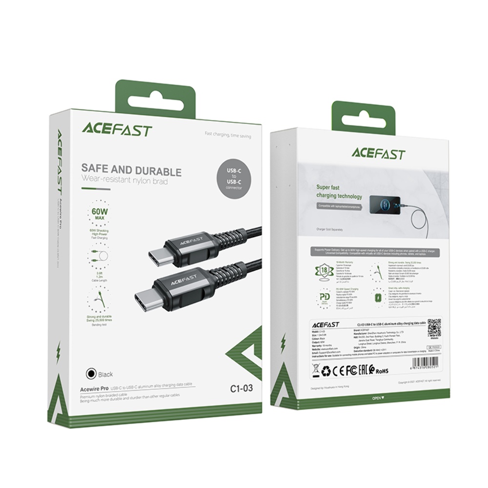 Кабель Acefast C1-03 Type-C to Type-C PD 60W 1.2m black
