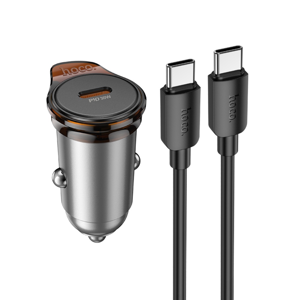 Автомобильное зарядное устройство Hoco NZ16 Type-C PD 30W metal grey + кабель Type-C to Type-C