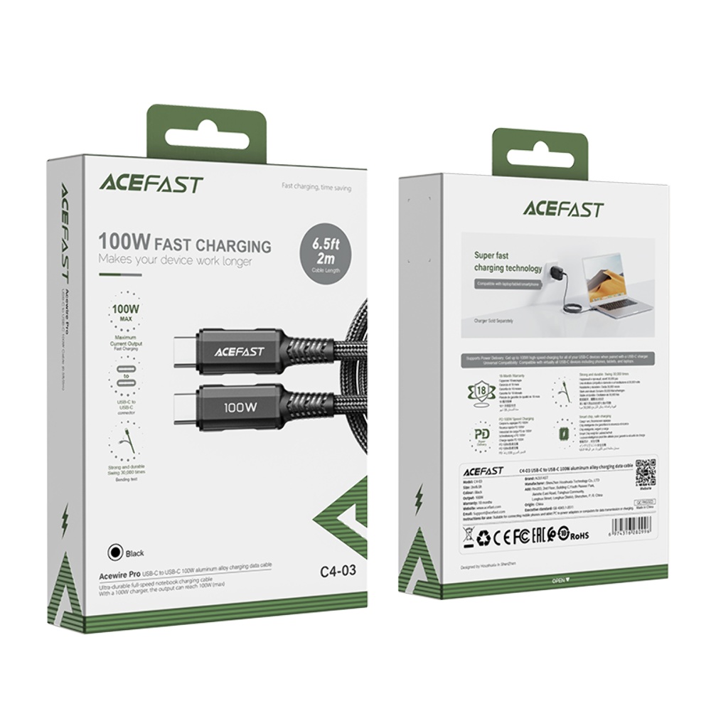 Кабель Acefast C4-03 Type-C to Type-C PD 100W 2m black