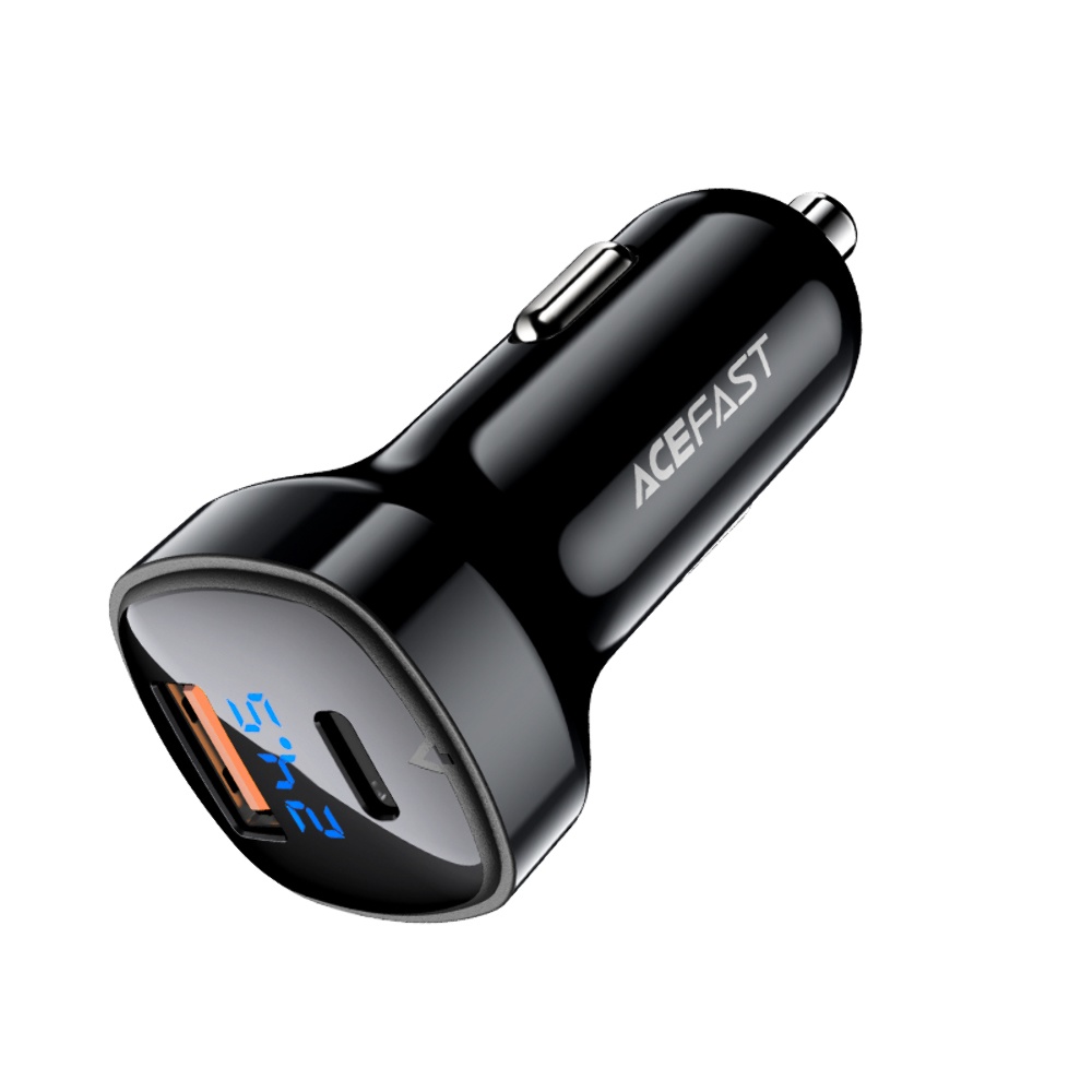 Автомобильное зарядное устройство Acefast B4 USB/ Type-C QC PD 66W c дисплеем черное