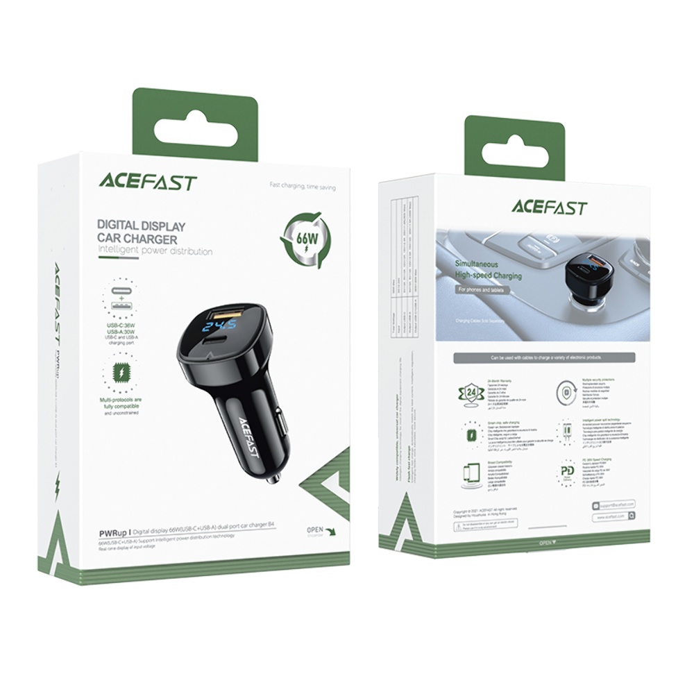 Автомобильное зарядное устройство Acefast B4 USB/ Type-C QC PD 66W c дисплеем черное