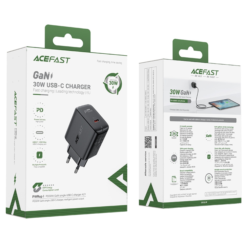 Сетевое зарядное устройство Acefast A21 Type-C QC PD 30W черное