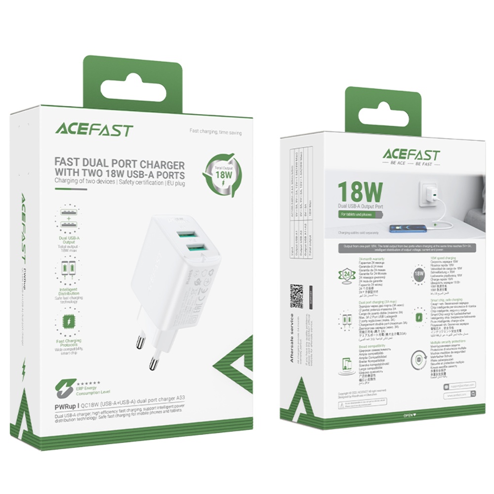 Сетевое зарядное устройство Acefast A33 2 USB QC белое