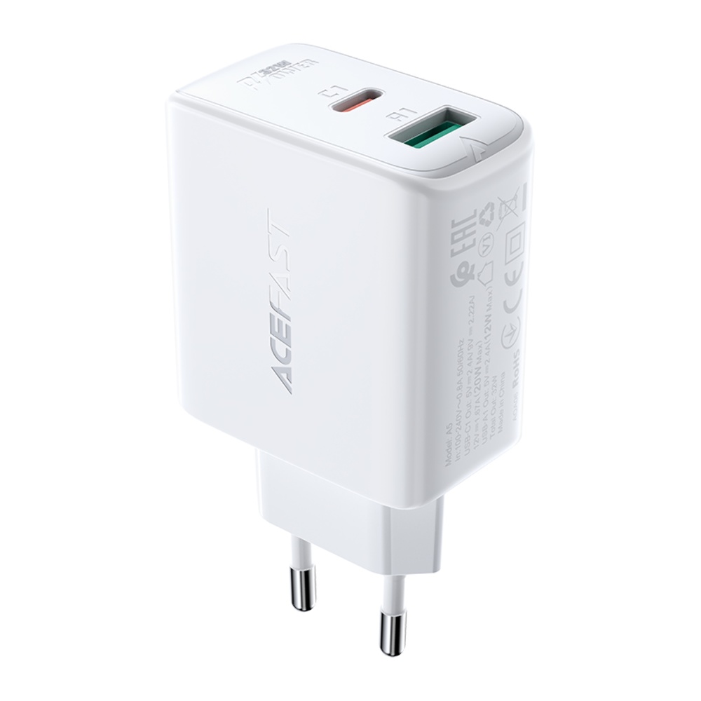 Сетевое зарядное устройство Acefast A5 USB/ Type-C QC PD 32W белое