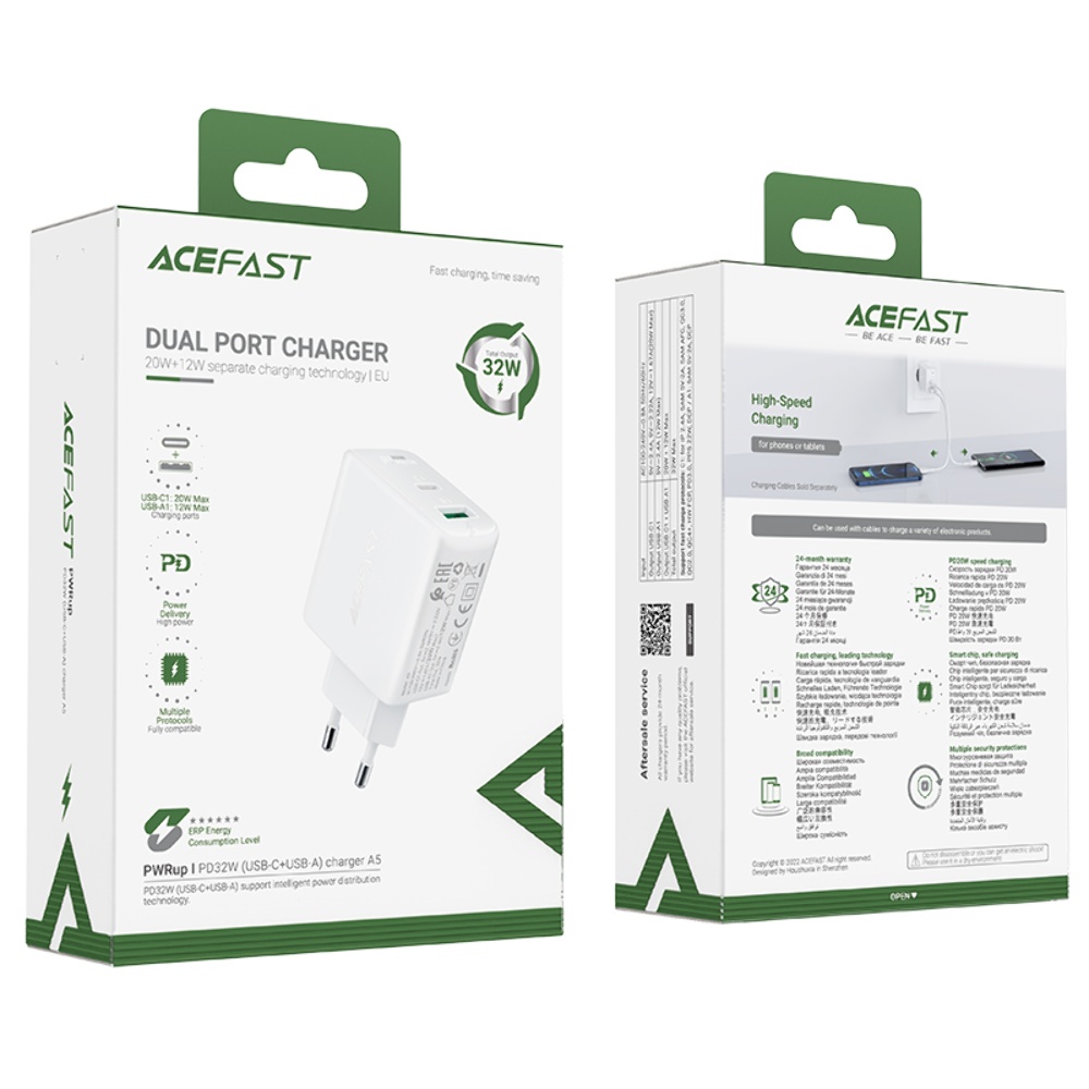 Сетевое зарядное устройство Acefast A5 USB/ Type-C QC PD 32W белое