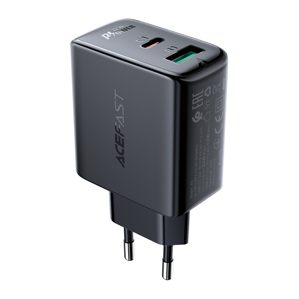 Сетевое зарядное устройство Acefast A5 USB/ Type-C QC PD 32W черное