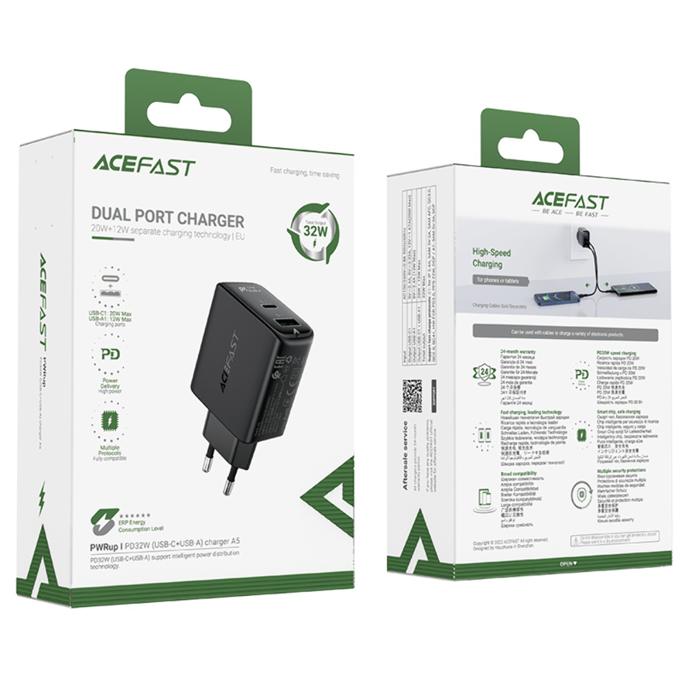 Сетевое зарядное устройство Acefast A5 USB/ Type-C QC PD 32W черное