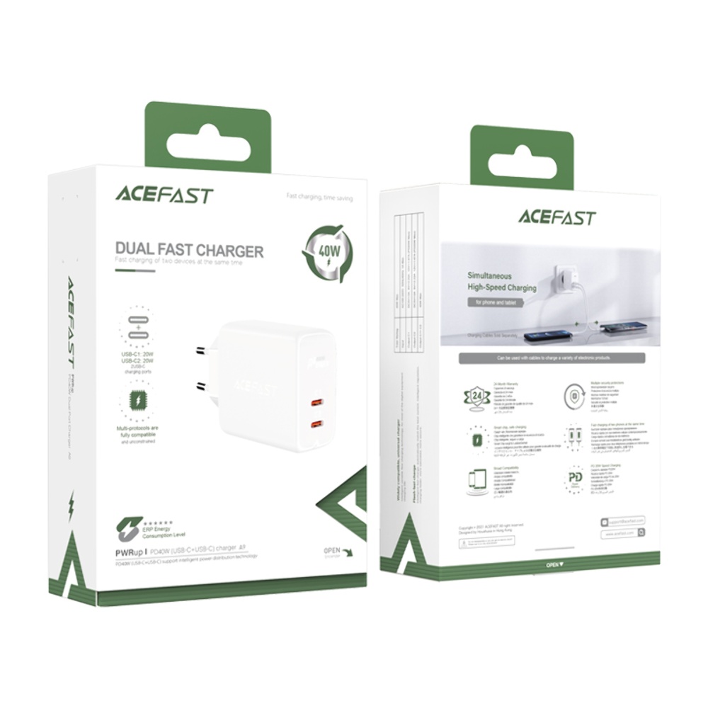 Сетевое зарядное устройство Acefast A9 2 Type-C QC PD 40W белое