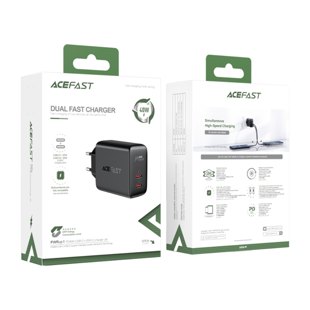 Сетевое зарядное устройство Acefast A9 2 Type-C QC PD 40W черное