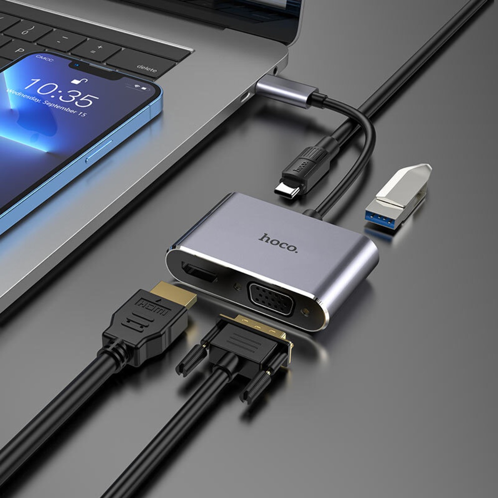 Мультиадаптер хаб Hoco HB30 4в1 Type-C to USB 3.0 (F)/ VGA (F)/ Type-C (F) PD 100W 0.15m