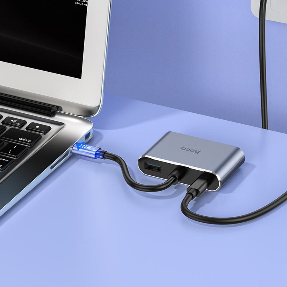 Мультиадаптер хаб Hoco HB30 4в1 Type-C to USB 3.0 (F)/ VGA (F)/ Type-C (F) PD 100W 0.15m