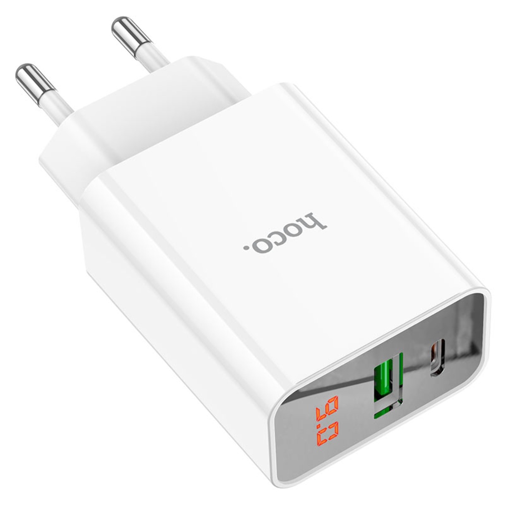 Сетевое зарядное устройство Hoco C100A USB/ Type-C QC PD 20W с дисплеем белое