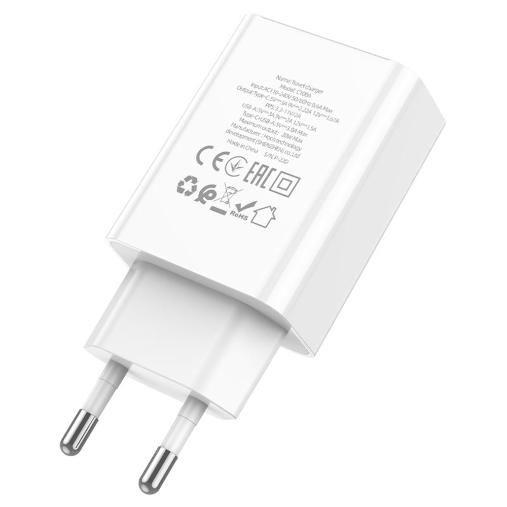 Сетевое зарядное устройство Hoco C100A USB/ Type-C QC PD 20W с дисплеем белое