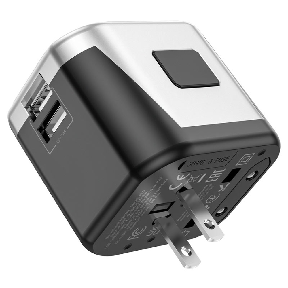 Сетевое зарядное устройство переходник Hoco AC5 2 USB (EU, US, UK, AUS) серебристо-черный