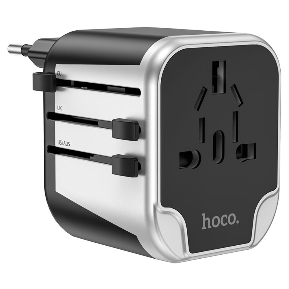 Сетевое зарядное устройство переходник Hoco AC5 2 USB (EU, US, UK, AUS) серебристо-черный