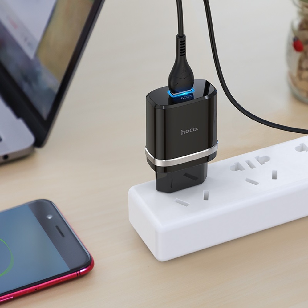 Сетевое зарядное устройство Hoco C12Q USB QC 18W черное + кабель USB to MicroUSB