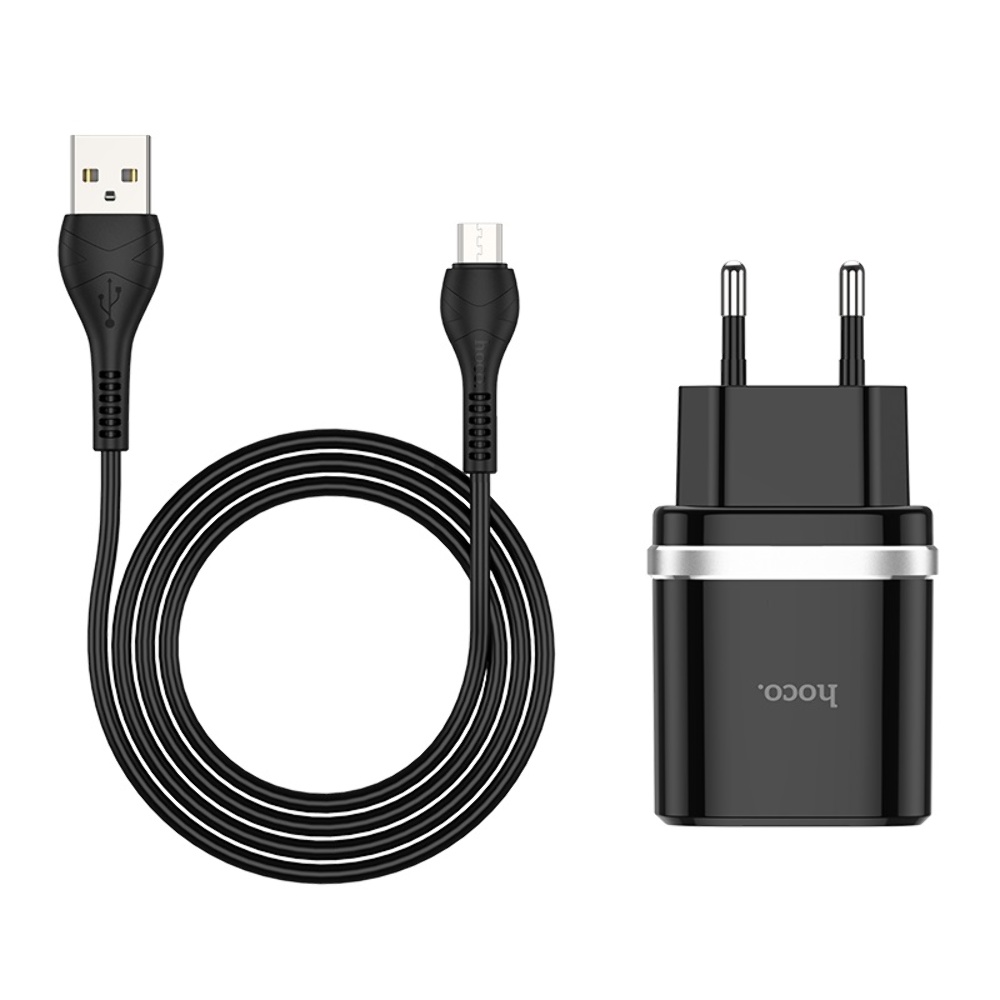 Сетевое зарядное устройство Hoco C12Q USB QC 18W черное + кабель USB to MicroUSB