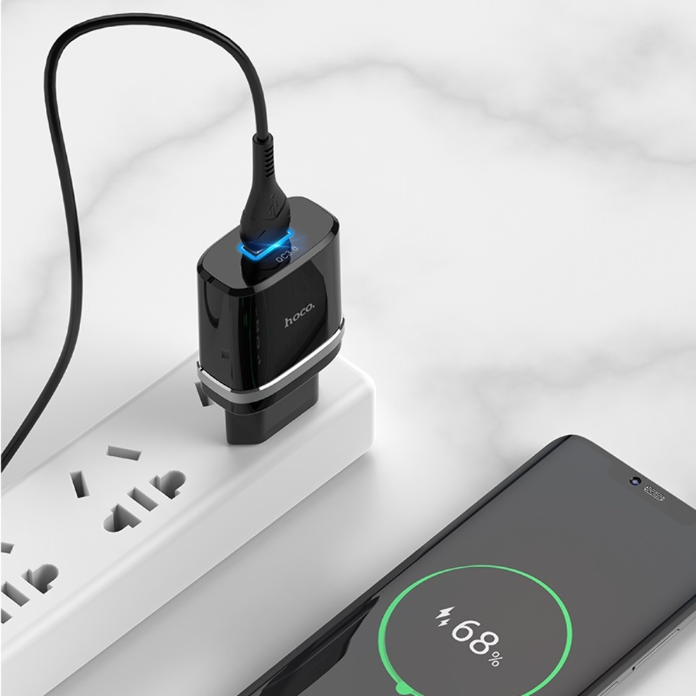Сетевое зарядное устройство Hoco C12Q USB QC 18W черное + кабель USB to Type-C
