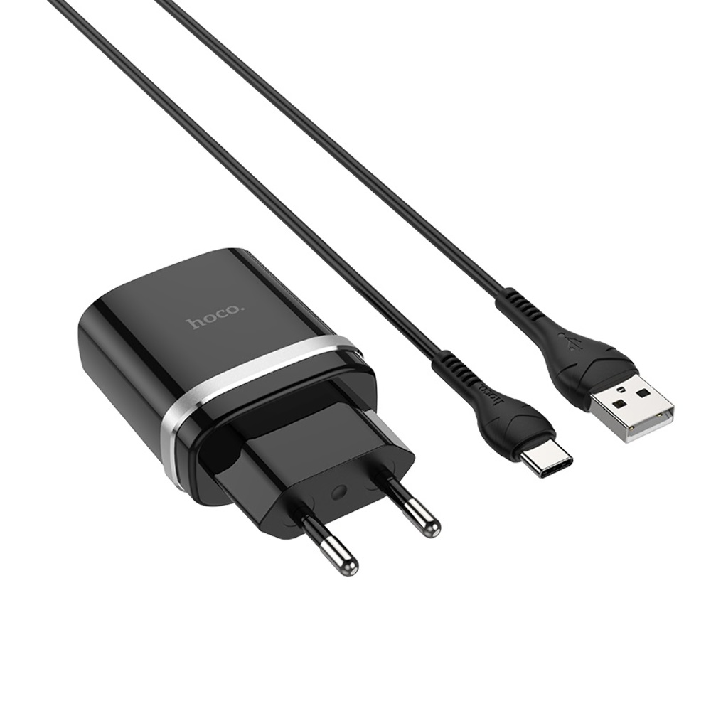 Сетевое зарядное устройство Hoco C12Q USB QC 18W черное + кабель USB to Type-C