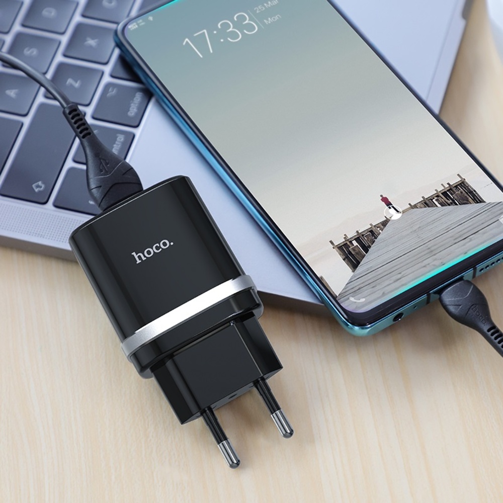 Сетевое зарядное устройство Hoco C12Q USB QC 18W черное + кабель USB to Type-C