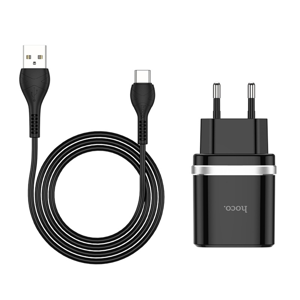 Сетевое зарядное устройство Hoco C12Q USB QC 18W черное + кабель USB to Type-C