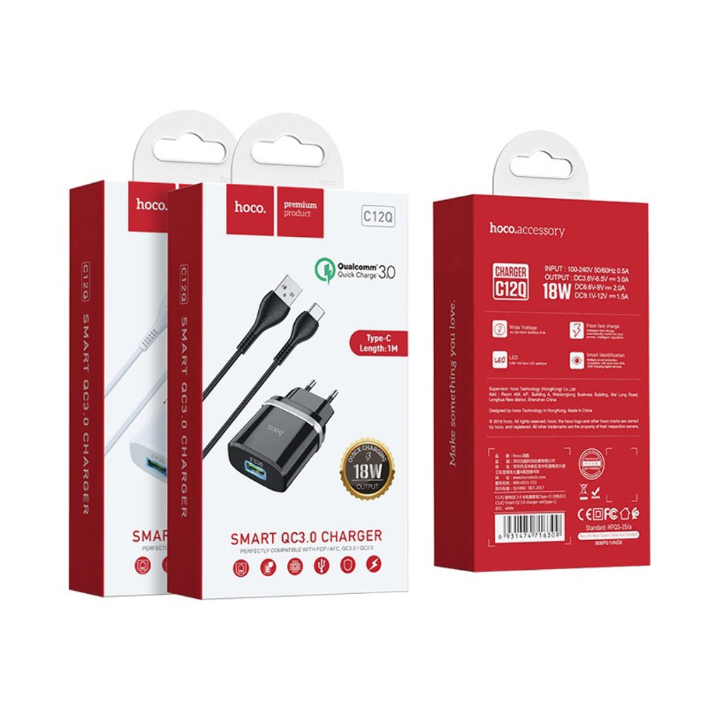 Сетевое зарядное устройство Hoco C12Q USB QC 18W черное + кабель USB to Type-C
