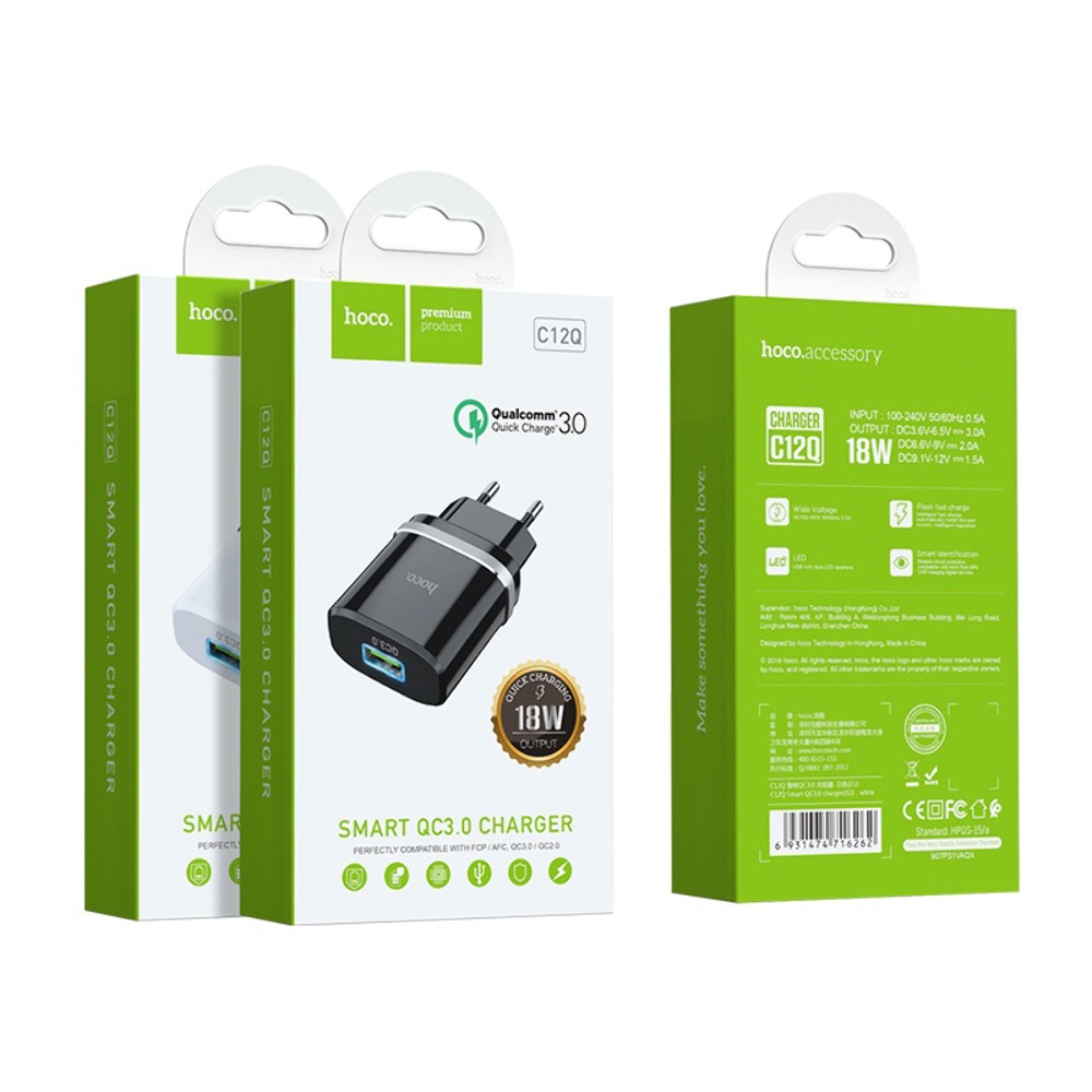 Сетевое зарядное устройство Hoco C12Q USB QC 18W черное